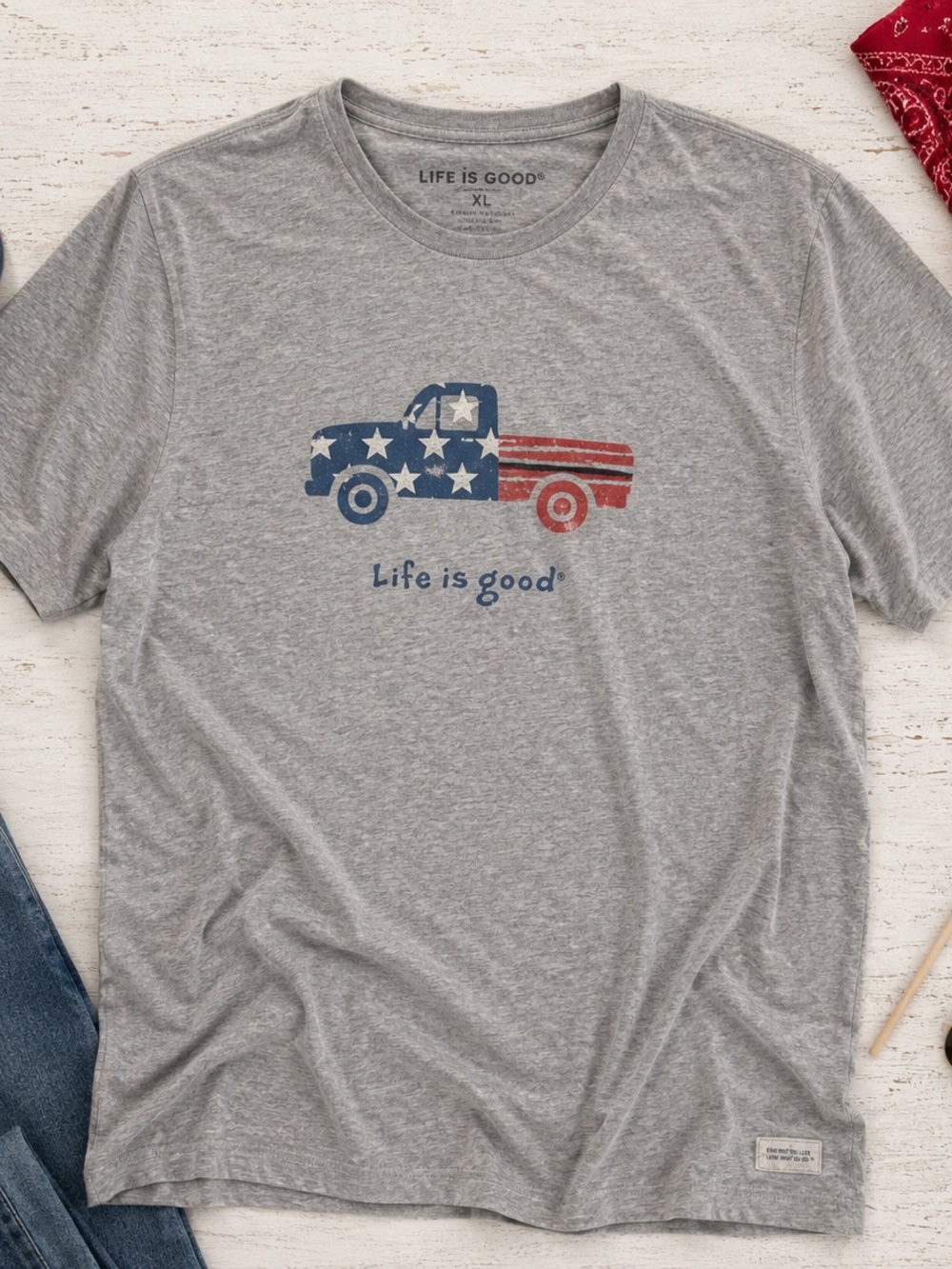 Life Is Good Americana Pickup Truck Graphic Tee XL USA Flag Heather Gray